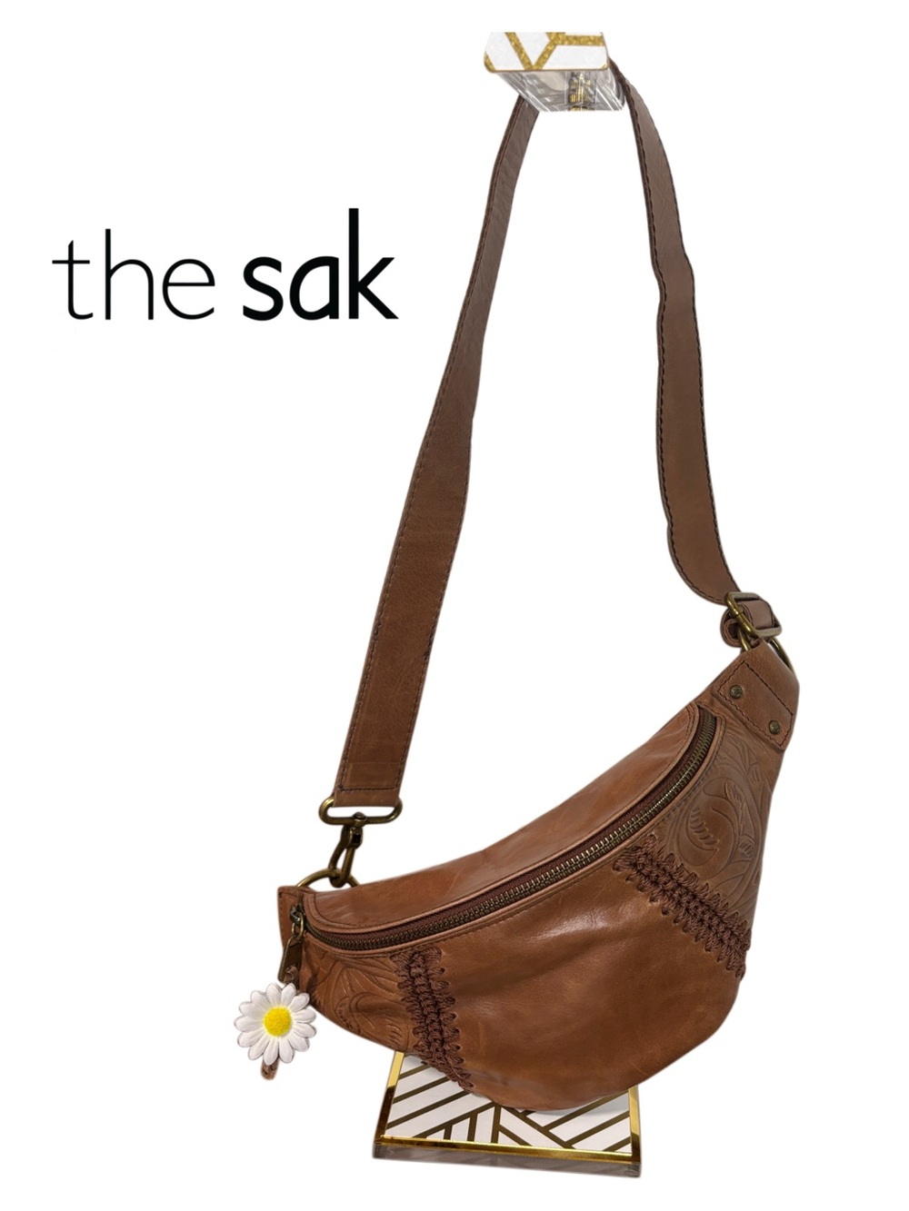 The SAK TAN LEATHER BELT BAG/ CROSSBODY WITH EMBROIDERED ACCENTS & DAISY CHARM